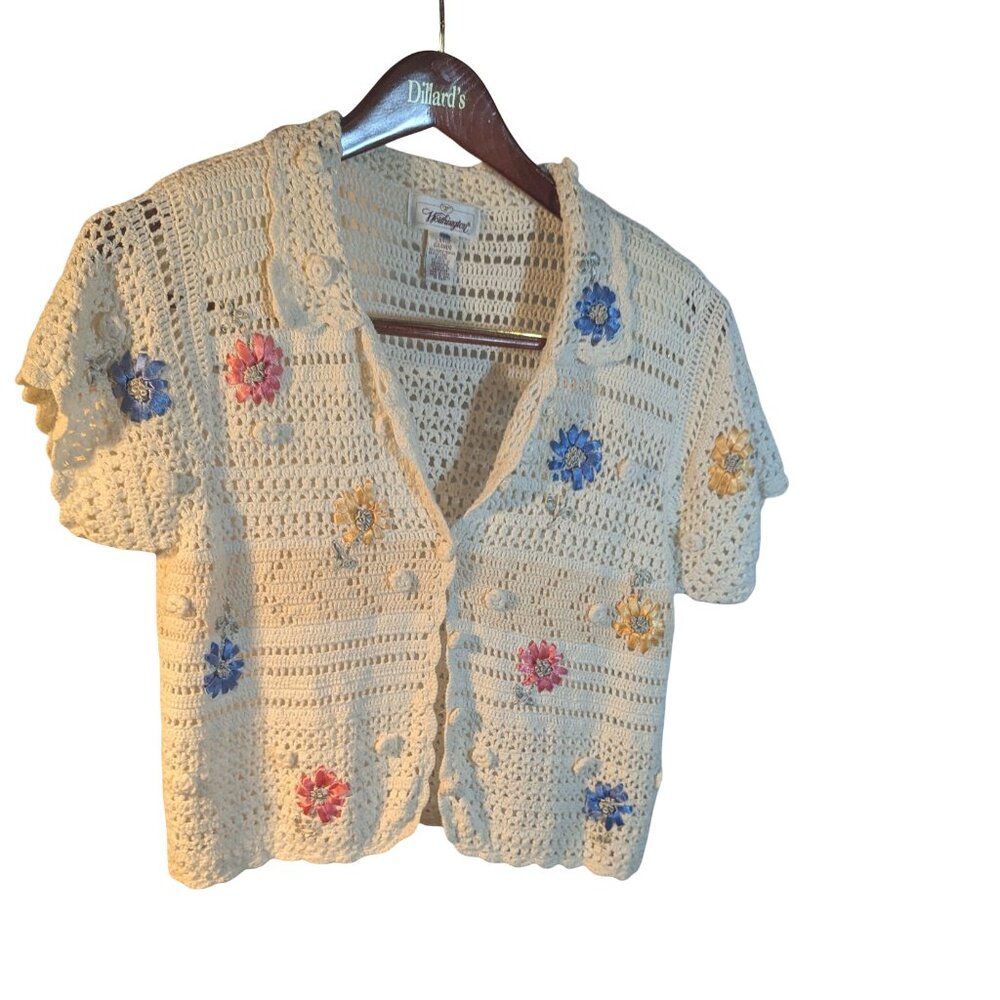 Worthington Vintage Crochet Embroidered Top Women's Large Grandpa Grandma